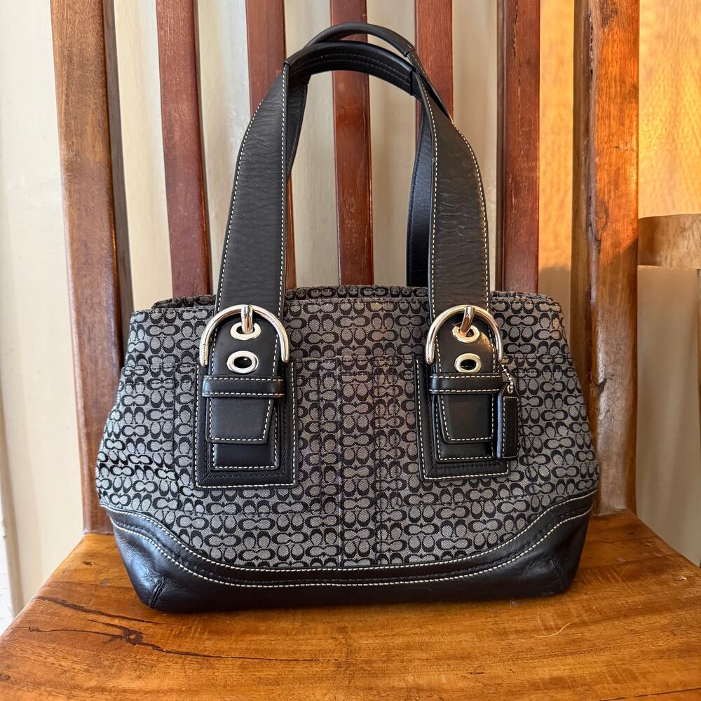 Coach Soho Mini Signature Buckle Tote Bag Black Grey Jacquard F10927
